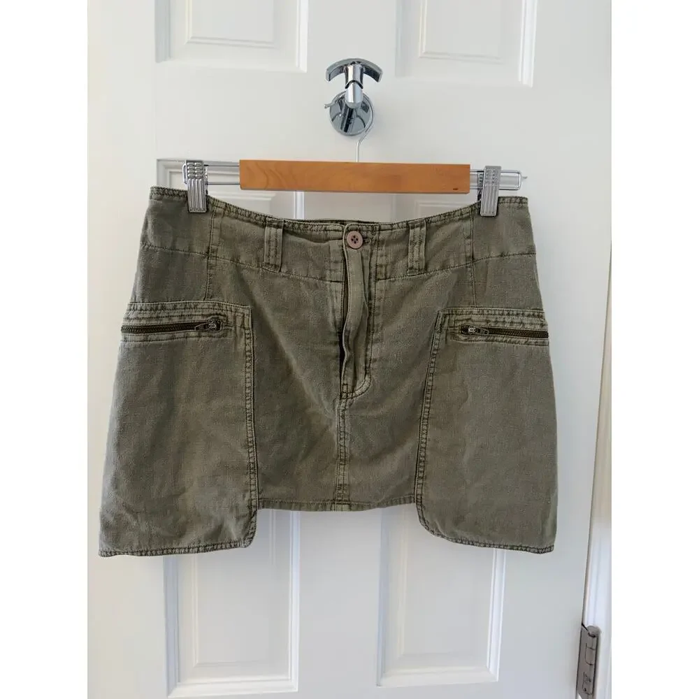 Free People Nevada Khaki Cargo Mini Skirt Size 4 Cotton Linen Blend Pockets - Picture 1 of 8
